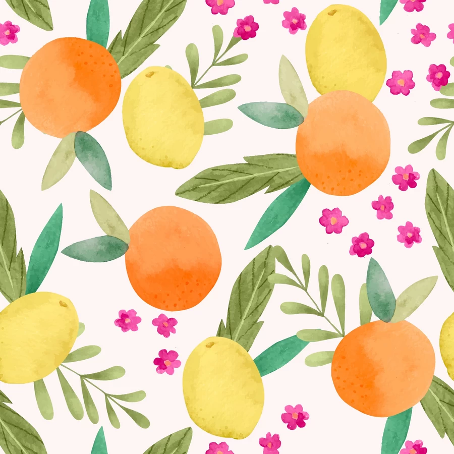 手绘水粉水果植物花朵树叶元素无缝背景图片插画AI矢量设计素材【006】